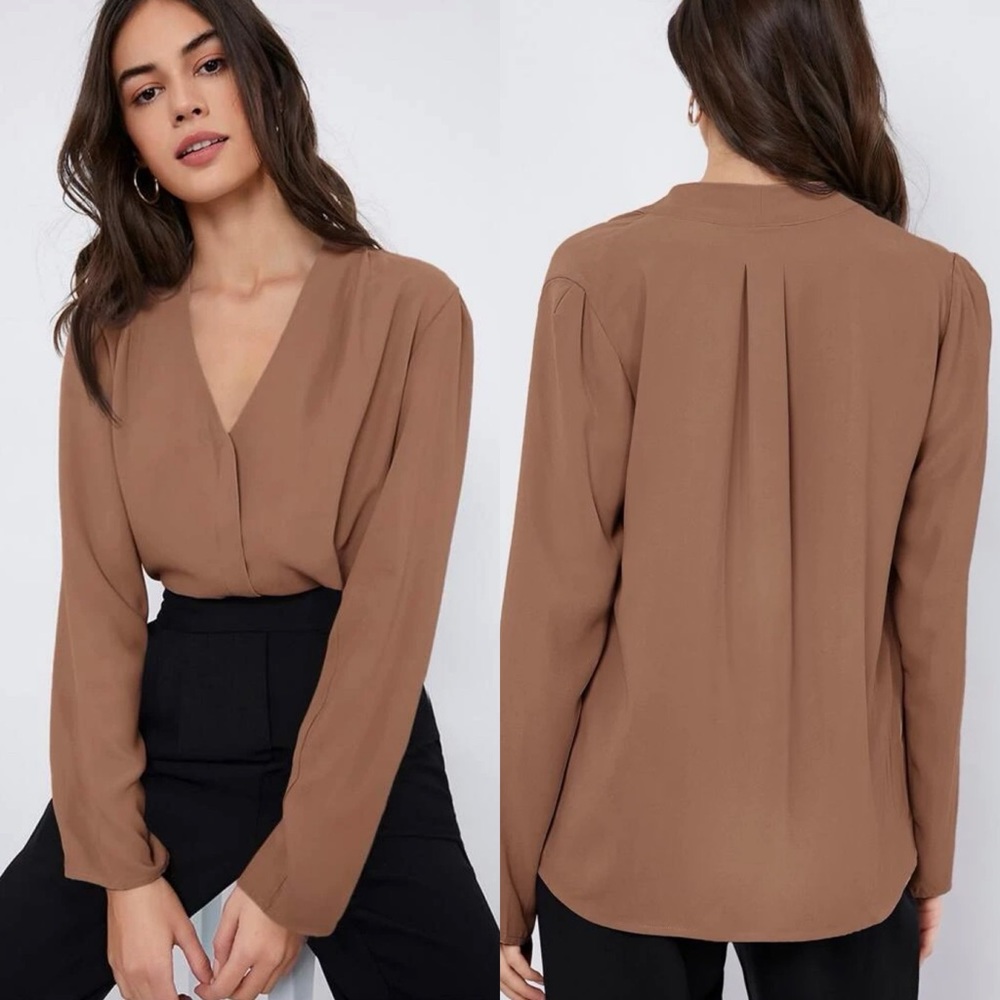 Long sleeve v neck pleated faux wrap look business casual blouse dark green - Picture 5 of 8